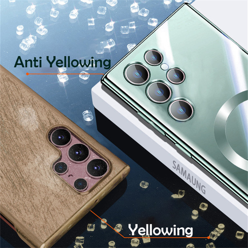 Põrutuskindel Magsafe'i magnetilise juhtmevaba laadimisümbrise jaoks Samsung S23 S22 Ultra S21 Plus läbipaistva läätseklaasi kate jaoks