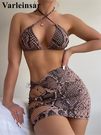 New With Skirt Snake Skin Printed Halter Bikini Γυναικεία μαγιό Γυναικείο μαγιό Σετ μπικίνι τριών τεμαχίων Μαγιό V4113