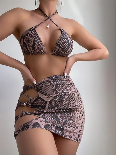 Novo sa suknjom Bikini s halterima s printom zmijske kože Ženski kupaći kostim Ženski kupaći kostim Trodijelni komplet bikinija Kupaći kostim V4113