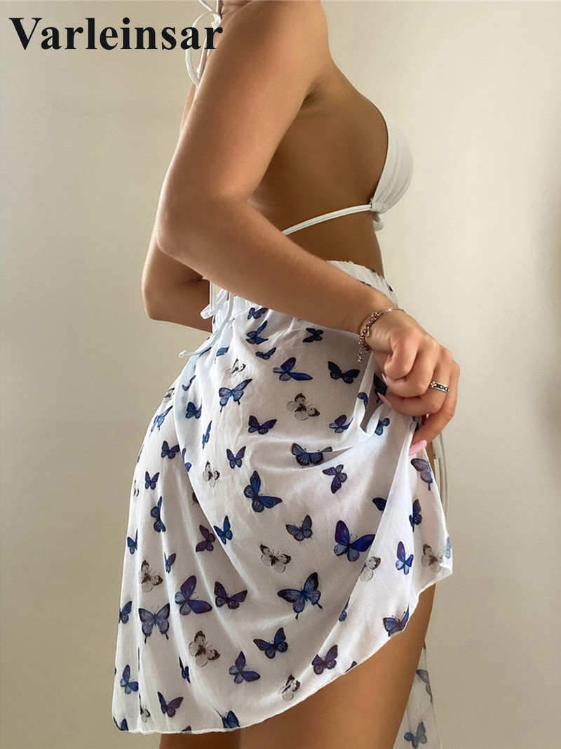 Bikini Halter Costum de baie Femei Costum de baie Set de bikini din trei piese Cu Sarong imprimat fluture Costum de baie pentru baie V3338