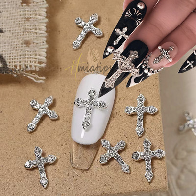 10pc 3D Cross Shape Nail Charms Punk Deco Metal Charms Crystal Rhinestone for Acrylic Gel Nails Manicure Decoration Tool