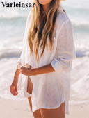 Νέο μακρυμάνικο πουκάμισο χιτώνας παραλίας Καλυμμένο φόρεμα παραλίας Ρούχα παραλίας Causal Top Λευκό Pareo Γυναικεία V4157