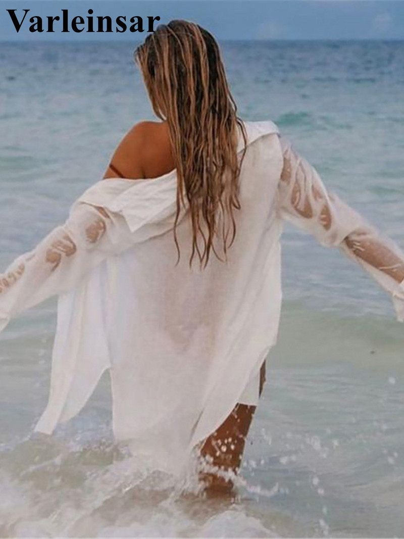 Νέο μακρυμάνικο πουκάμισο χιτώνας παραλίας Καλυμμένο φόρεμα παραλίας Ρούχα παραλίας Causal Top Λευκό Pareo Γυναικεία V4157