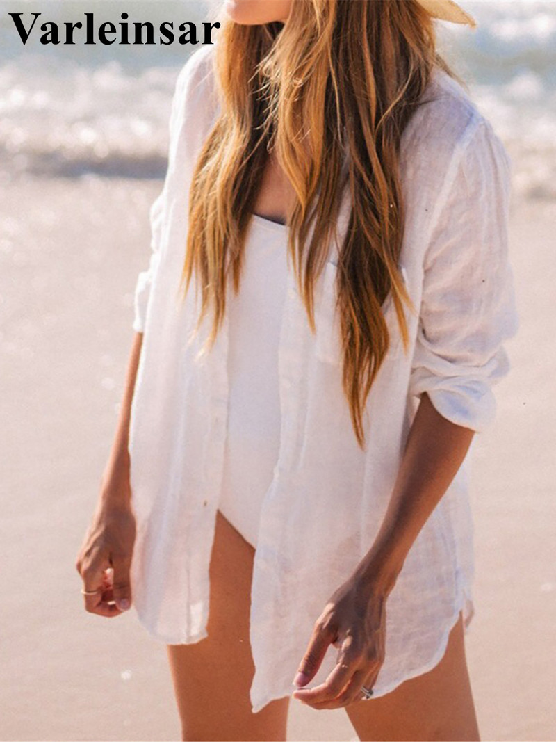Νέο μακρυμάνικο πουκάμισο χιτώνας παραλίας Καλυμμένο φόρεμα παραλίας Ρούχα παραλίας Causal Top Λευκό Pareo Γυναικεία V4157