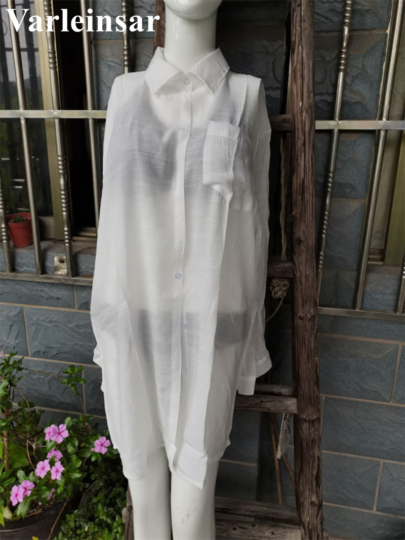 Νέο μακρυμάνικο πουκάμισο χιτώνας παραλίας Καλυμμένο φόρεμα παραλίας Ρούχα παραλίας Causal Top Λευκό Pareo Γυναικεία V4157