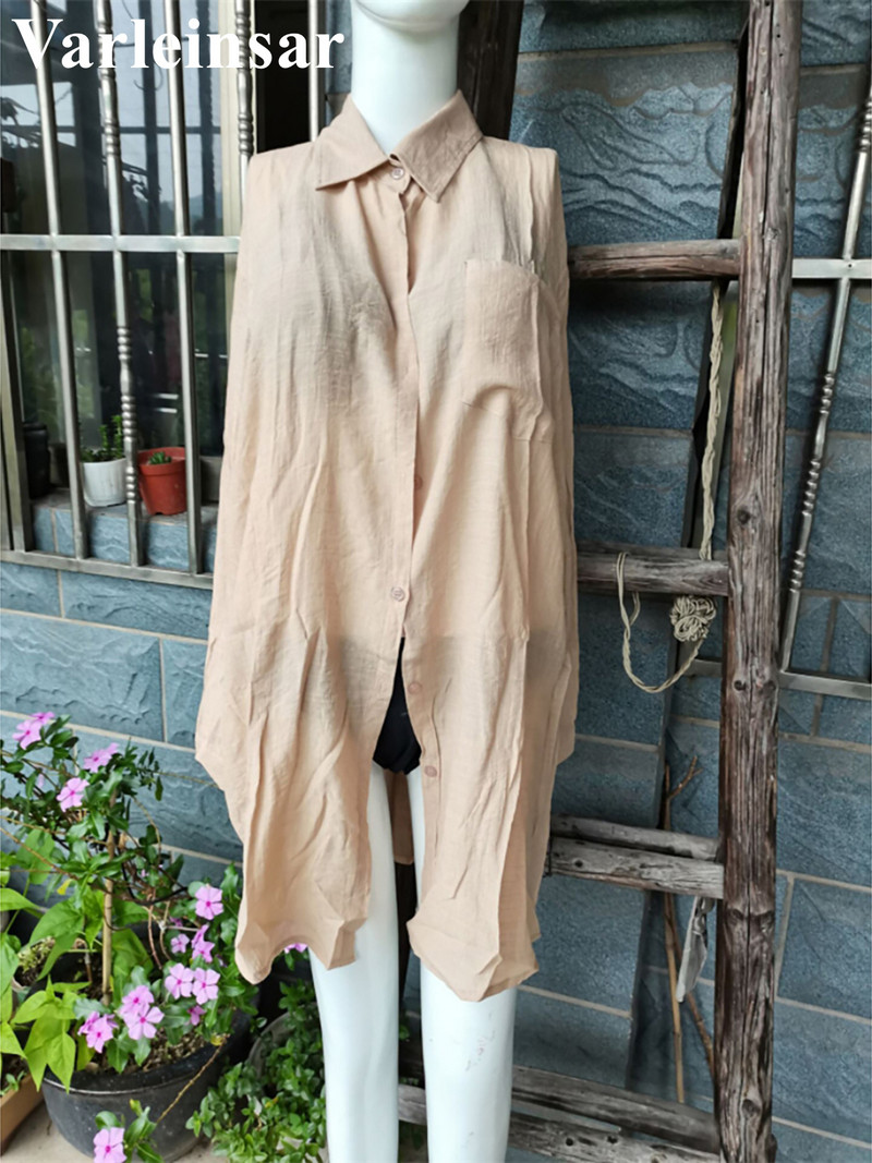 Νέο μακρυμάνικο πουκάμισο χιτώνας παραλίας Καλυμμένο φόρεμα παραλίας Ρούχα παραλίας Causal Top Λευκό Pareo Γυναικεία V4157