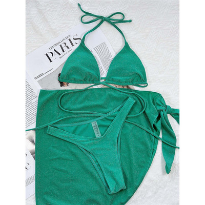 Glitter Bling Wrap Around Bikini Női fürdőruha Női fürdőruha Háromrészes bikini szett Sarong Bather fürdőruha Swim V3679B