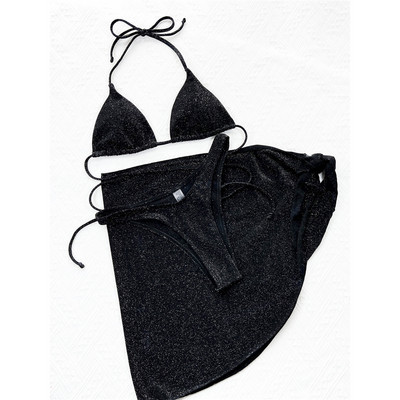 Glitter Bling Wrap Around Bikini Női fürdőruha Női fürdőruha Háromrészes bikini szett Sarong Bather fürdőruha Swim V3679B