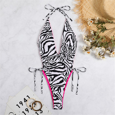 Zebra nyomott, mély, V nyakú kötőfék női fürdőruha egyrészes női fürdőruha, magas lábra vágott Monokini fürdőruha fürdőruha V4240