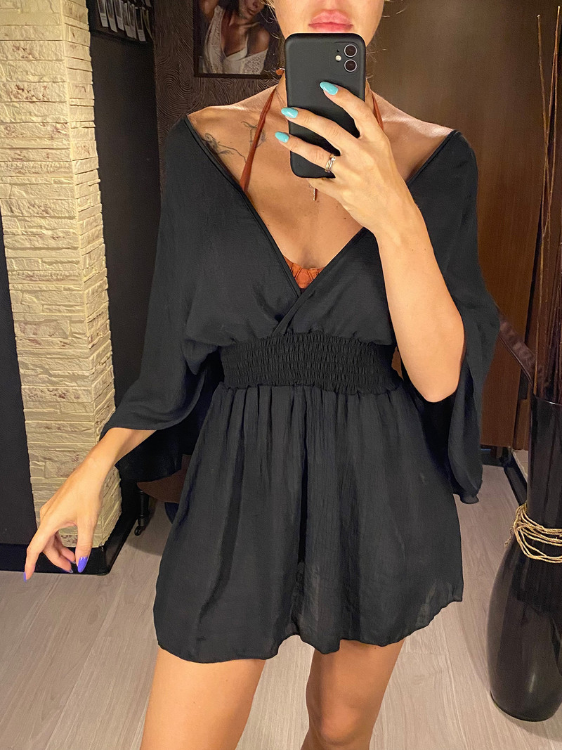 Új szexi V nyakú, hosszú ujjú, hát nélküli sifon tunika Beach Cover Up Beach takaró Strandruha Strandruha Strandruha V3840