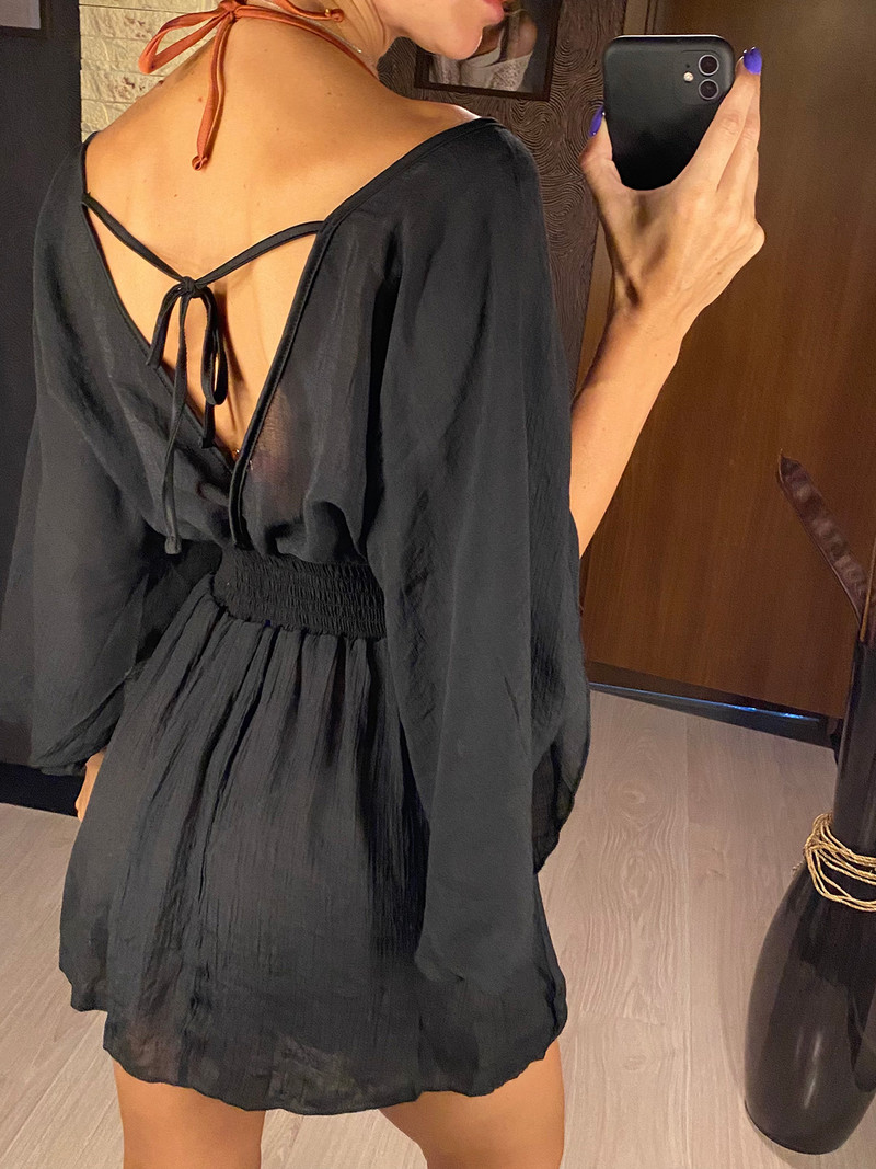 Új szexi V nyakú, hosszú ujjú, hát nélküli sifon tunika Beach Cover Up Beach takaró Strandruha Strandruha Strandruha V3840