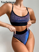 Fényes, csillogó csillogó női fürdőruha, magas derekú bikini női fürdőruha Kétrészes bikini szett fürdőruha Swim V3390