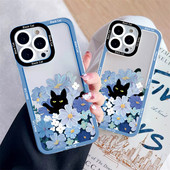 Cute Cartoon Black Cat Clear Case Phone for iPhone X XR XS Blue Flowers for iPhone 14 11 12 13 Pro MAX 7 8 Plus SE2 Back Covers