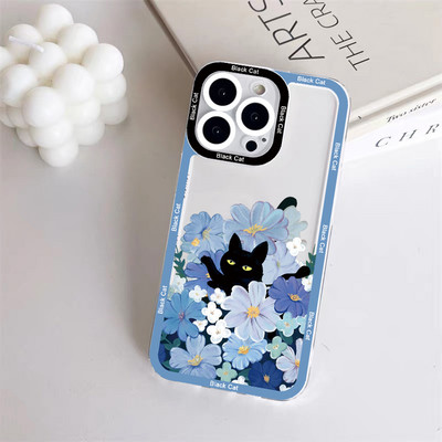 Cute Cartoon Black Cat Clear Case Phone for iPhone X XR XS Blue Flowers for iPhone 14 11 12 13 Pro MAX 7 8 Plus SE2 Back Covers