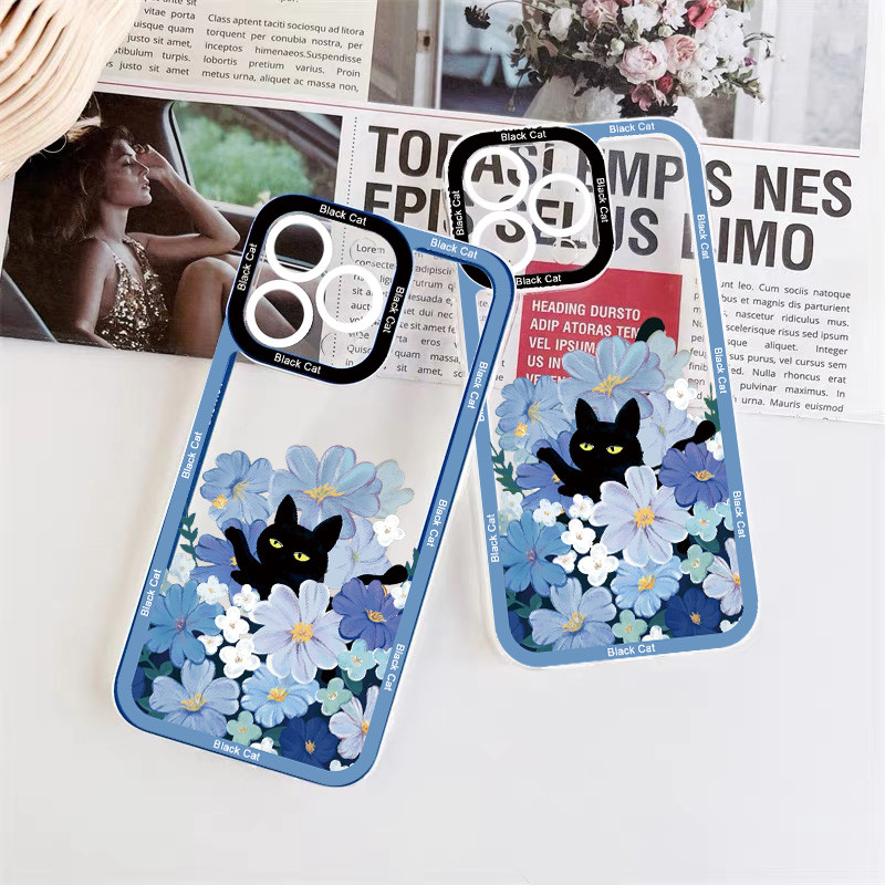 Cute Cartoon Black Cat Clear Case Phone for iPhone X XR XS Blue Flowers for iPhone 14 11 12 13 Pro MAX 7 8 Plus SE2 Back Covers