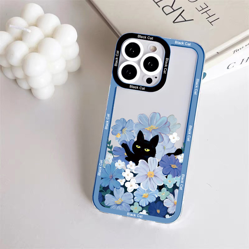 Cute Cartoon Black Cat Clear Case Phone for iPhone X XR XS Blue Flowers for iPhone 14 11 12 13 Pro MAX 7 8 Plus SE2 Back Covers