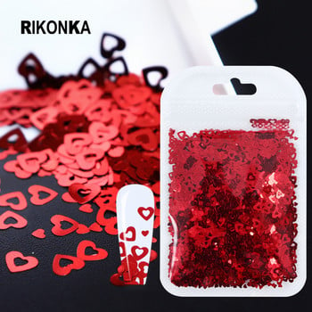 12Pcs 3D сърце Пайети за нокти Комплект за Nail Art декорации Sparkle Love Hollow Laser Glitter Flakes DIY Design Valentines Manicure