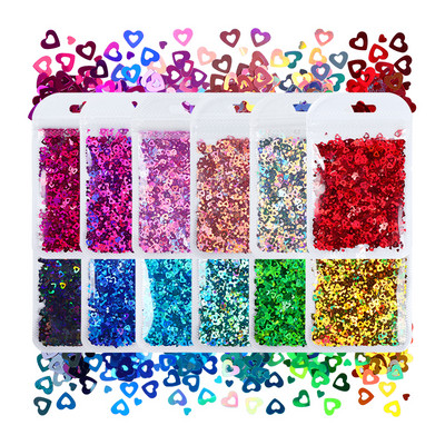 12 db 3D szív köröm flitter szett körömdíszítéshez Sparkle Love Hollow Laser Glitter Flakes barkácsolás Valentin nap manikűr