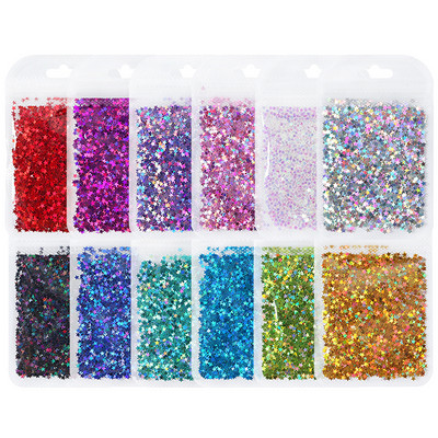 12 db 3D szív köröm flitter szett körömdíszítéshez Sparkle Love Hollow Laser Glitter Flakes barkácsolás Valentin nap manikűr