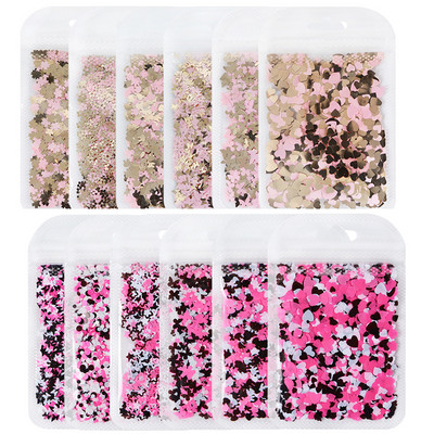 12 db 3D szív köröm flitter szett körömdíszítéshez Sparkle Love Hollow Laser Glitter Flakes barkácsolás Valentin nap manikűr