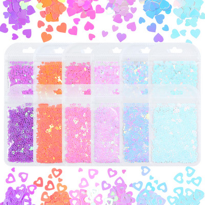 12 db 3D szív köröm flitter szett körömdíszítéshez Sparkle Love Hollow Laser Glitter Flakes barkácsolás Valentin nap manikűr