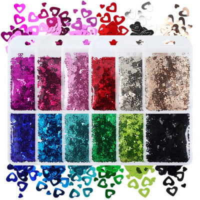 12 db 3D szív köröm flitter szett körömdíszítéshez Sparkle Love Hollow Laser Glitter Flakes barkácsolás Valentin nap manikűr