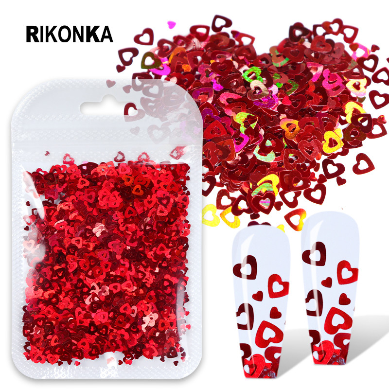 12 db 3D szív köröm flitter szett körömdíszítéshez Sparkle Love Hollow Laser Glitter Flakes barkácsolás Valentin nap manikűr