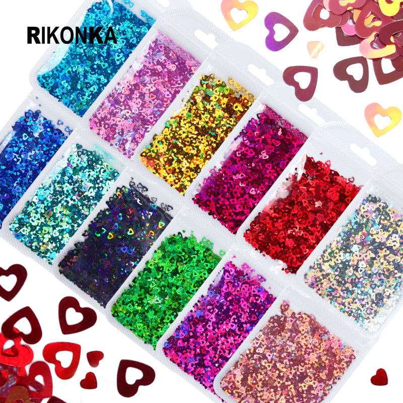 12 db 3D szív köröm flitter szett körömdíszítéshez Sparkle Love Hollow Laser Glitter Flakes barkácsolás Valentin nap manikűr