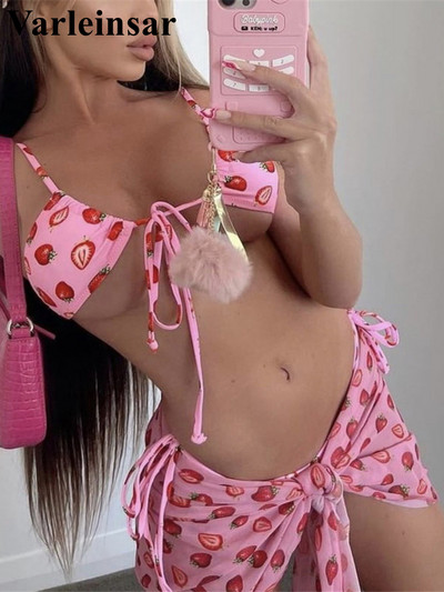 Jauns ar Sarong apdruku Bikini Sieviešu peldkostīms Sieviešu peldkostīmi Trīsdaļīgs bikini komplekts peldkostīms peldkostīms dāma V4156