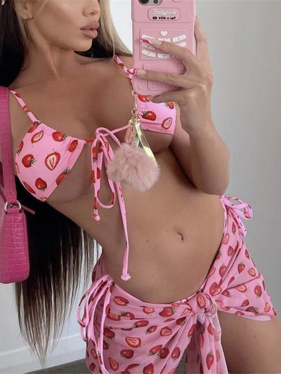Új Sarong nyomott kötőfék bikini női fürdőruha Női fürdőruha Háromrészes bikini szett fürdőruha Swim Lady V4156