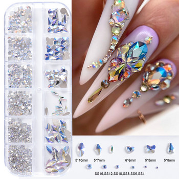 12 Girds Смесени 3D кристални кристали за нокти Блестящи AB Flatback Nail Art Диаманти Декорации Направи си сам Консумативи за маникюр LAP02