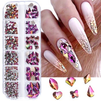 12 Girds Смесени 3D кристални кристали за нокти Блестящи AB Flatback Nail Art Диаманти Декорации Направи си сам Консумативи за маникюр LAP02