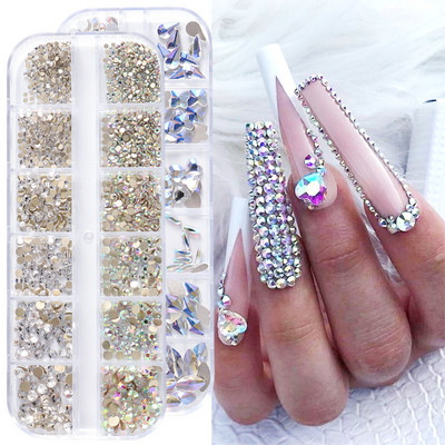 12Girds jauktie 3D kristāla rhinestones nagiem Spīdīgi AB plakani nagu mākslas dimanti Dekorācijas DIY manikīra piederumi LAP02
