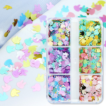 6 Grids Macaron Color Bunny Sequin Slice Σετ Διακόσμησης Νυχιών Kawaii 3D Tiny Rabbit Flake Αξεσουάρ για UV Gel Συμβουλές νυχιών