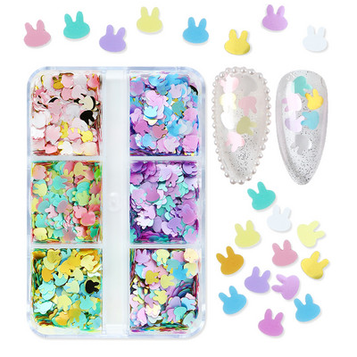 6 režģi Macaron Color Bunny Sequin Slice Nail Art Dekorācijas komplekts Kawaii 3D Tiny Rabbit Flake Aksesuāri UV gēla nagu uzgaļiem