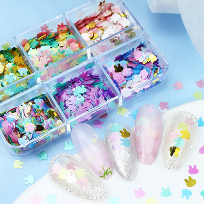 6 rácsos Macaron színes nyuszi flitteres szelet körömdíszítő készlet Kawaii 3D apró nyúlpehely kiegészítők UV gél körömvégekhez