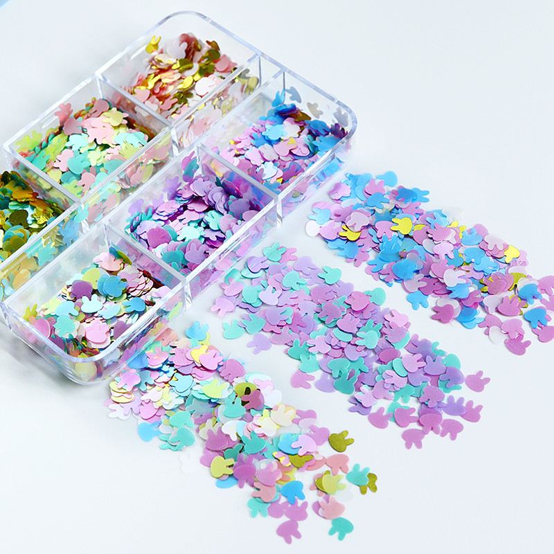 6 rácsos Macaron színes nyuszi flitteres szelet körömdíszítő készlet Kawaii 3D apró nyúlpehely kiegészítők UV gél körömvégekhez