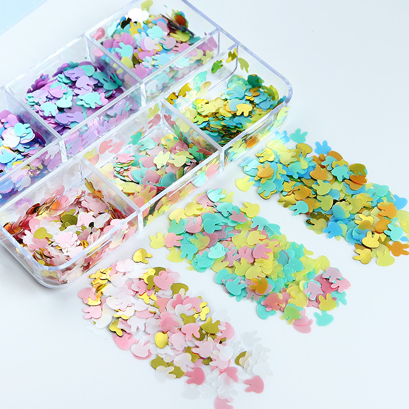 6 rácsos Macaron színes nyuszi flitteres szelet körömdíszítő készlet Kawaii 3D apró nyúlpehely kiegészítők UV gél körömvégekhez