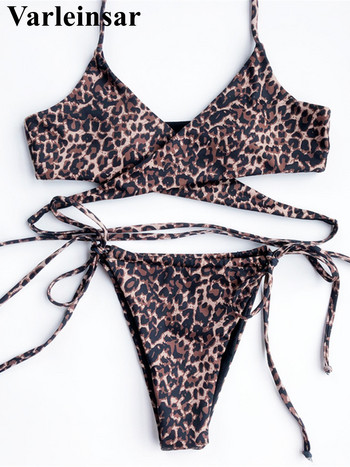 Halter Leopard printed μπικίνι Γυναικεία μαγιό Γυναικείο Σετ μπικίνι δύο τεμαχίων που περιτυλίγονται γύρω από το μπάνιο Μαγιό V2079