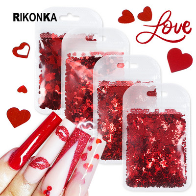 4Bag/Set Red Love Sirds Nagu mirdzumi Sequins Valentīna manikīra pārslas Dizains nagiem Dekorācijas Aksesuāri Izejmateriālu komplekti