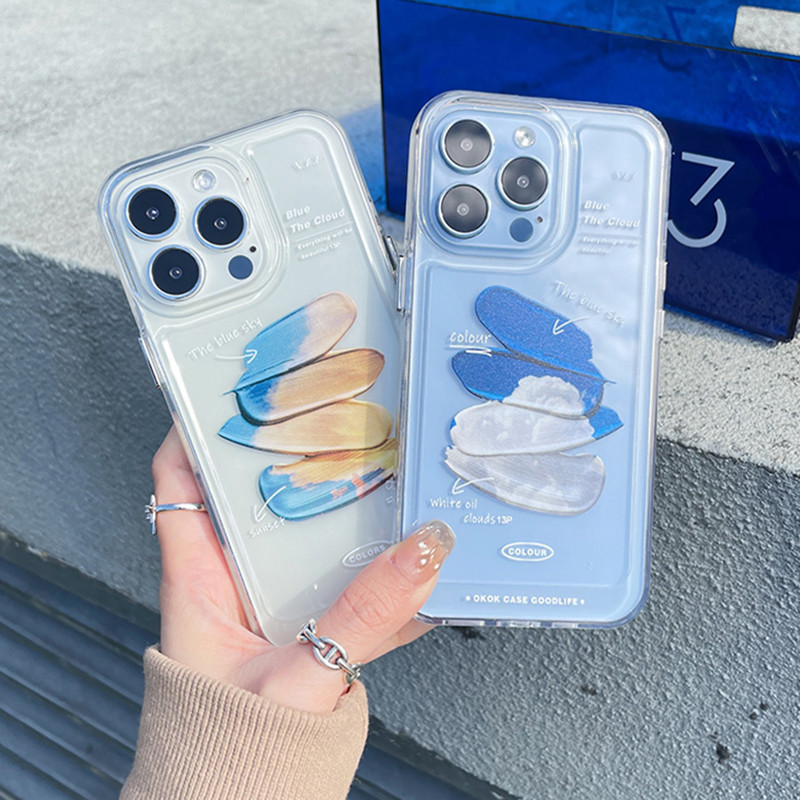 Θήκη τηλεφώνου INS Oil Painting Clouds Blue Sky για iPhone 13 12 11 Pro Max X XR XS Max 14 Plus Graffiti Clear Softproof κάλυμμα