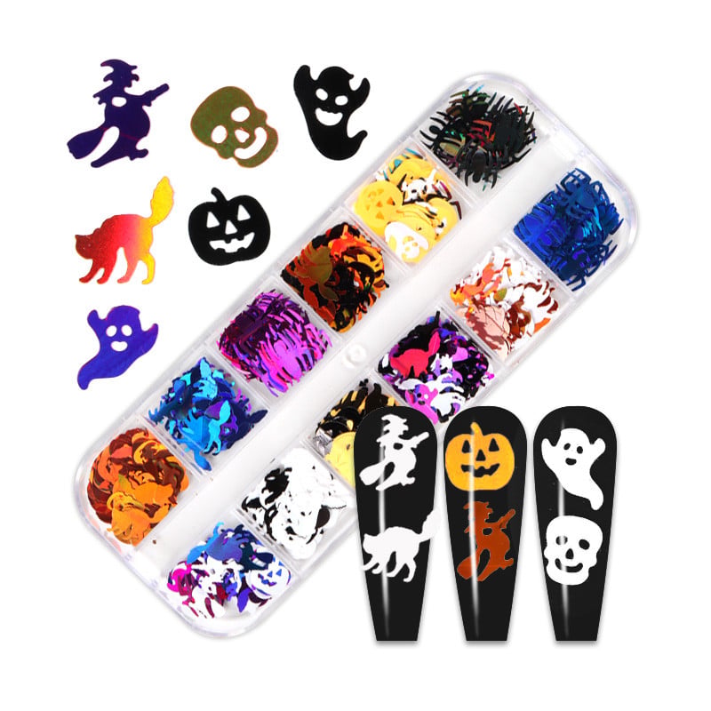 12 rács Halloween köröm flitterek varázslatok sütőtök boszorkány szellem csontvázak csillogó pelyhek ünnepi körömdíszítések kiegészítők