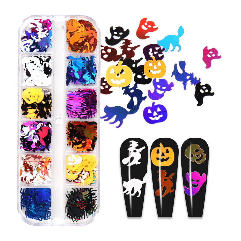 12 rács Halloween köröm flitterek varázslatok sütőtök boszorkány szellem csontvázak csillogó pelyhek ünnepi körömdíszítések kiegészítők