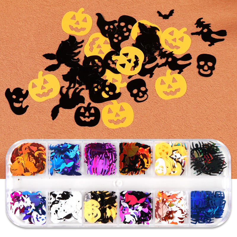 12 rács Halloween köröm flitterek varázslatok sütőtök boszorkány szellem csontvázak csillogó pelyhek ünnepi körömdíszítések kiegészítők