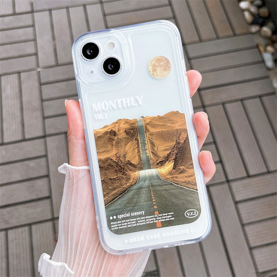 INS Retro Snow Mountain Moonrise telefoniümbris iPhone 13 12 11Pro Max X XS Max XR 7 8 Plus maastikumaali läbipaistev kaas