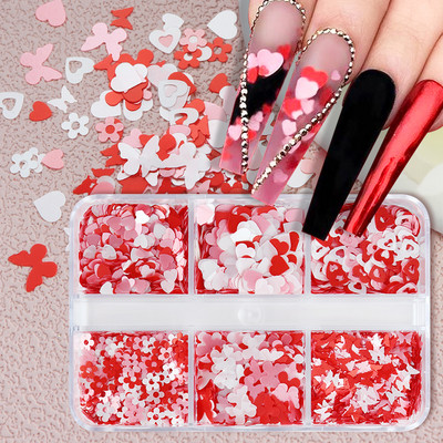 6 Grila Mixte Fluture Flori Paiete unghii Roz Roșu Dragoste Inimă Sclipici Fulgi Valentine Design Nail Art Decorat Accesorii