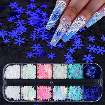 12 Grids White Snowflakes Nail Art Glitter Sequin Mermaid Blue Flakes Snow Flakes Διακοσμήσεις DIY Σχέδιο Μανικιούρ Αξεσουάρ νυχιών