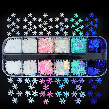 12 Grids White Snowflakes Nail Art Glitter Sequin Mermaid Blue Flakes Snow Flakes Διακοσμήσεις DIY Σχέδιο Μανικιούρ Αξεσουάρ νυχιών