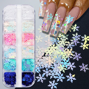 12 Grids White Snowflakes Nail Art Glitter Sequin Mermaid Blue Flakes Snow Flakes Διακοσμήσεις DIY Σχέδιο Μανικιούρ Αξεσουάρ νυχιών