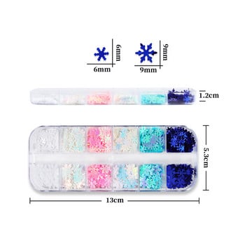 12 Grids White Snowflakes Nail Art Glitter Sequin Mermaid Blue Flakes Snow Flakes Διακοσμήσεις DIY Σχέδιο Μανικιούρ Αξεσουάρ νυχιών